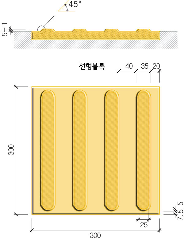 선형블록(가로:30cm, 세로:30cm, 원뿔직선 수:네 줄, 원뿔경사도:45도, 직선간간격:40mm, 원뿔직선 두께:35mm)